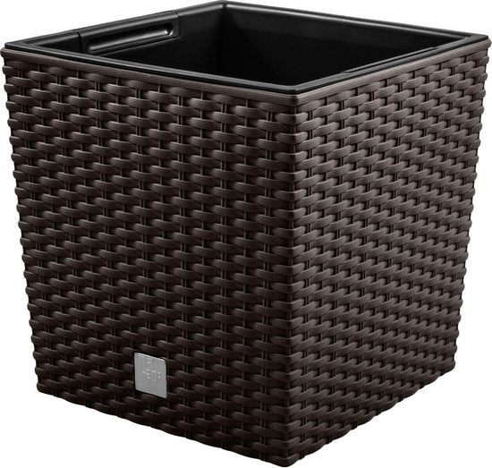 Prosperplast Bloempot/plantenpot Rato - rotan look - met binnenpot - bruin - 32 x 32 x 33 cm - kunststof