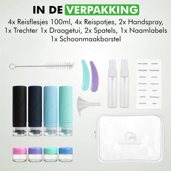 Travelhawk Reisflesjes met Etui - 16-delig - Reisset - Siliconen Reisflacons - Navulbaar - Reisaccessoires - Toilettas - reisaccessoires