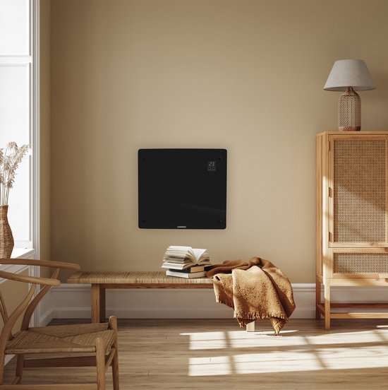 VONROC Luxe elektrische kachel - Convectorkachel met glazen paneel – 500W/1000W - Verwarmt ruimtes tot 12m2 - Bediening zowel met app (via Wifi) als handmatig – Instelbare thermostaat en timer - Zwart