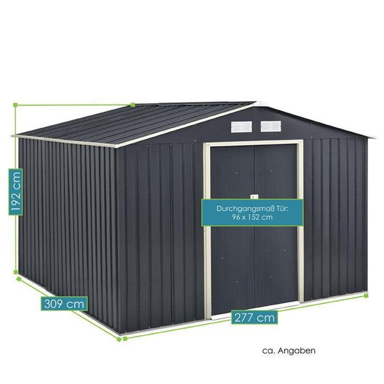 Juskys XXL Metalen Tuinhuis – 282 x 314 x 190 cm – Fundamentframe - Dubbele Schuifdeur – Voor Tuingereedschap En Fietsen – Antraciet Verzinkt Staal