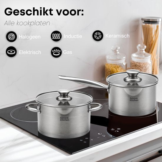 Savoré Kitchen 8-delige RVS Pannenset - Kookpannen met Glazen Deksel - Inductie Pannen - Afgietrand, Maatverdeling en Schenktuit