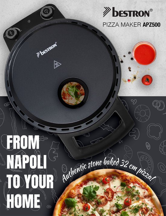 Bestron Turbo Pizzaoven voor pizza's in 5-10 minuten, elektrische pizzaoven met echte maximumtemperatuur van 320°C, inclusief pizzasteen en 2 grote houten spatels, Black Label, kleur: Matzwart