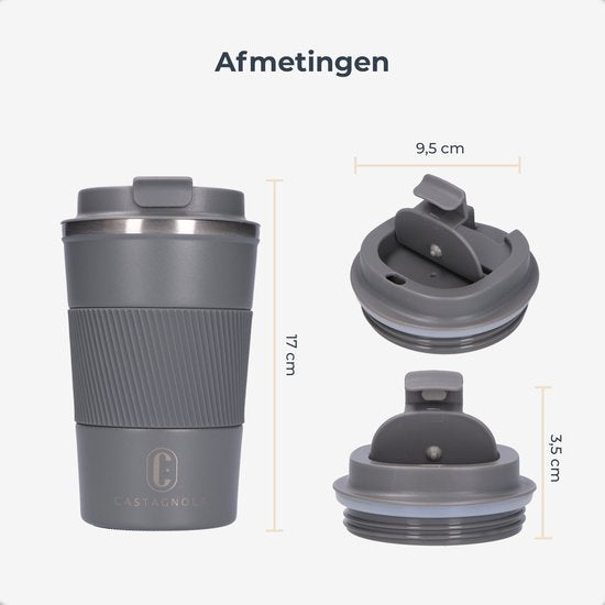 Castagnola Thermosbeker - Koffiebeker To Go - Travel Mug voor Koffie en Thee - Theebeker - 380 ML - RVS - Grijs