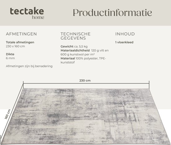 tectake® Vintage design tapijt - Laagpolig vloerkleed voor woonkamer, kinderkamer, slaapkamer of hal - Wasbaar - Div. afmetingen - 160x230cm - beige/grijs