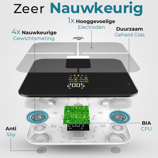 e.volve Weegschaal Personenweegschaal Digitaal - 16x - Zwart - Slimme Weegschaal met Lichaamsanalyse - Precisie Weegschaal - Incl. App