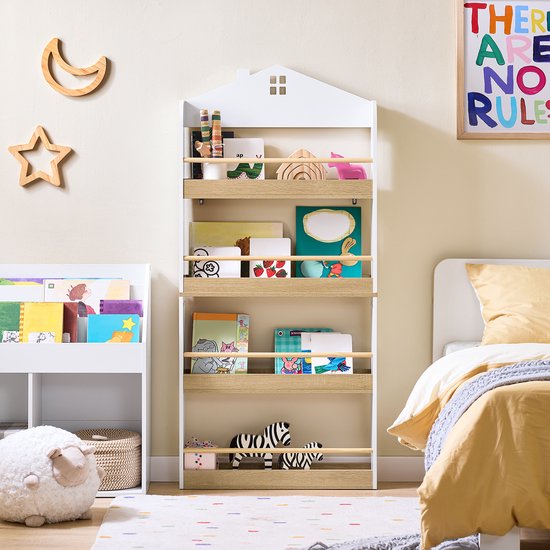 SoBuy KMB121-WN Boekenkast voor kinderen, 4 niveaus, meubels, speelgoed, boekenkast, opbergkast, plank, slaapkamer, wit/naturel, 60 x 15 x 130,5 cm