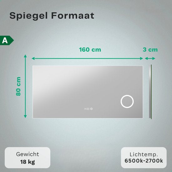 Mirlux Badkamerspiegel met LED Verlichting & Verwarming – Rechthoekige Wandspiegel – Anti Condens Douchespiegel - 160x80CM