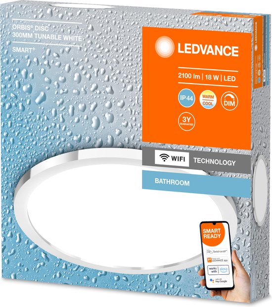 LEDVANCE Armatuur: voor plafond, BADKAMER DECORATIEF PLAFOND EN MUUR MET WIFI-TECHNOLOGIE / 18 W, 22-…24- V, stralingshoek: 11-, Afgestemd Wit, 3-65- K, behuizingsmateriaal: aluminium, IP44
