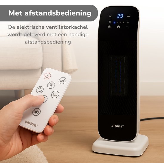 Alpina Keramische Ventilatorkachel KPT-2402D – Voorzien Van Timerfunctie En Luxe Afstandsbediening En Automatische Zwenkfunctie – Voor Slaapkamer En Werkkamer – Zwart En Wit Kunststof – 2000W