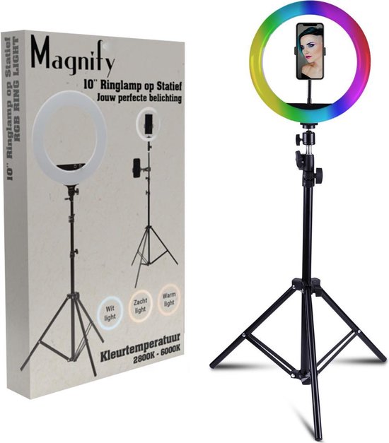 Magnify® 10" Ringlamp met Statief - 186cm Hoog - 2 Telefoonhouders - Bluetooth Shutter - TikTok - 99+ Kleuren - Inclusief Mini Statief
