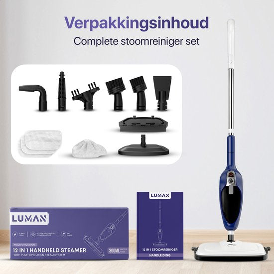 LUMAN 12 in 1 Stoomreiniger Én Handstomer V1 - Tapijtreiniger - Vlekkenreiniger - Met Aanpasbare Stoomkracht - Met 10 Opzetstukken en 3 Microvezeldoeken - Blauw