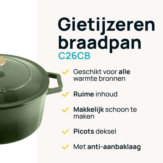 MOA Gietijzeren Braadpan - 5,7L - Voor Alle Warmtebronnen incl. Inductie - Met Deksel - Ø 26cm - Anti-Aanbaklaag - Groen