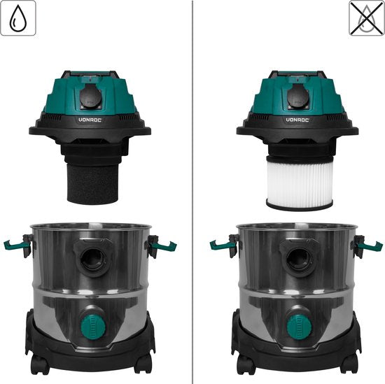 VONROC Nat- en droogzuiger / Stofzuiger - 1400W – Inschakelautomaat - Blaasfunctie – 20L RVS tank – 3m slang - 6m stroomkabel