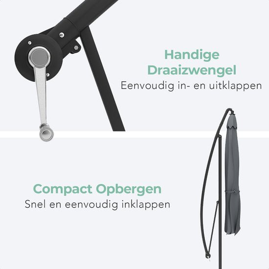 LifeGoods Zweefparasol - tot 8 Personen - Ø300cm - Waterdicht - met Hoes en Kruisvoet - Tuin of Strand - Donkergrijs