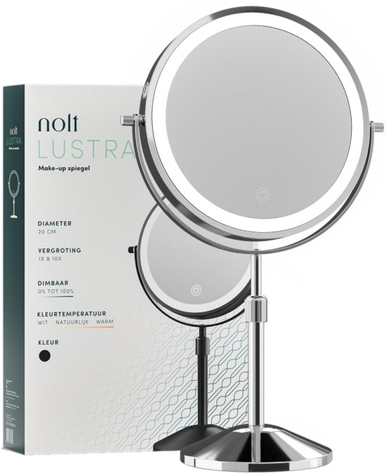 Nolt Make Up Spiegel met LED Verlichting - 1X/10X Vergrootspiegel - Scheerspiegel - Vanity Licht - 3 Lichtstanden - Oplaadbaar - Zilver