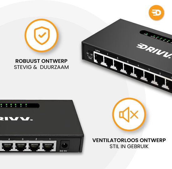 Drivv. Netwerk Switch - 8 Poorten - Internet Switch - RJ45 splitter - zwart