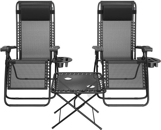 LifeGoods Ligstoelen - Opvouwbaar - Complete set - Met Bijzettafel - 30°-90° Verstelbaar - Tuinstoelen - Metaal - Zwart