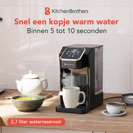 KitchenBrothers Heetwaterdispenser - 2.7L - Plastic - BPA vrij - 2600W - 30.20x15x26.40 cm - Zwart