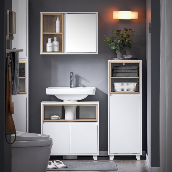 SoBuy BZR146-W Badkamerkast - Wit Houtcomposiet met Wasmand
