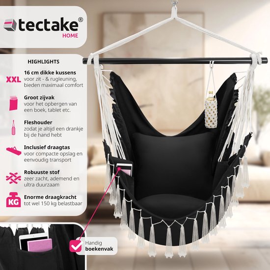 tectake® - Hangstoel Malika - extra dikke zit- en rugkussens, incl. draagtas en boekenvak - zwart