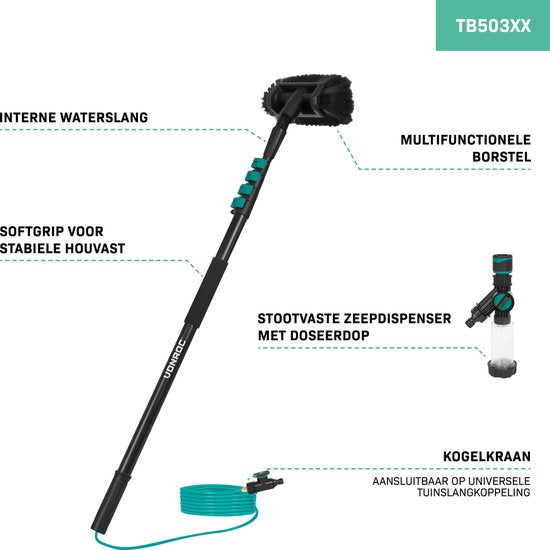 VONROC Telescopische wasborstel – 4,60m - Incl. Borstelkop, waterslang en zeepdispenser