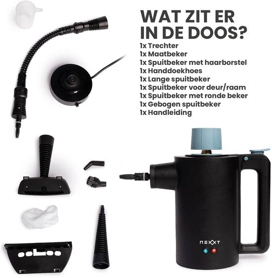 Nexxt Draadloze Stoomreiniger met Accessoires – Watertank 360 ml – Tot 135 °C en 3,5 Bar – Voor Vloeren en Bekleding – 1350 Watt – Zwart