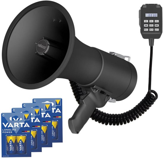 Velleman Megafoonset 50W met sirene, inclusief batterijen, 700s opname, volumeregeling, Bluetooth, USB, handmicrofoon, 1200m bereik, 120dB, draagbaar ABS design, mat zwart
