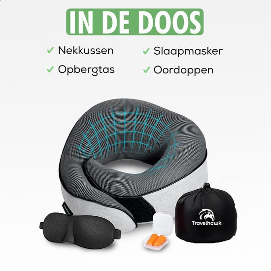 Travelhawk Nekkussen - Luxe Reiskussen - Memory Foam - Nekkussen Vliegtuig, Auto, Bus, Trein en Camping - Nek Kussens - Grijs