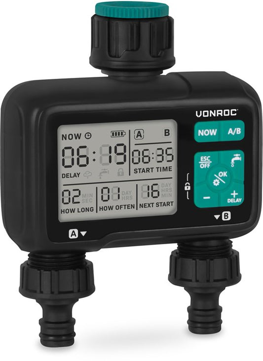 VONROC 2-weg watertimer – Besproeiingscomputer voor 2 zones – Instelbare bewateringstijd en - frequentie per zone
