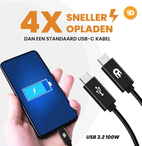 Drivv. USB C Kabel naar USB C 3.2 - 100w Snellader - 3 Meter - 4K 60Hz - 20GBs - Geschikt voor Samsung, Macbook, iPhone 15 & Meer - Nylon Kabel - Zwart