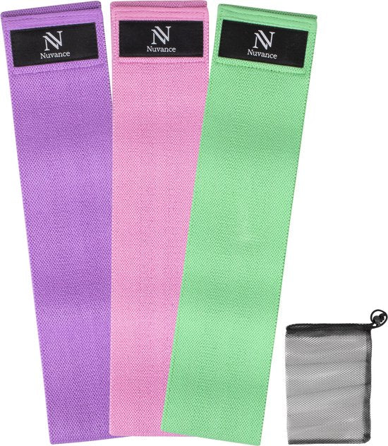 Nuvance - Weerstandsbanden Set Inclusief Draagtas - 3 Delige Set - Resistance Band - Fitness Elastiek - eBook met extra oefeningen - Groen Roze en Paars