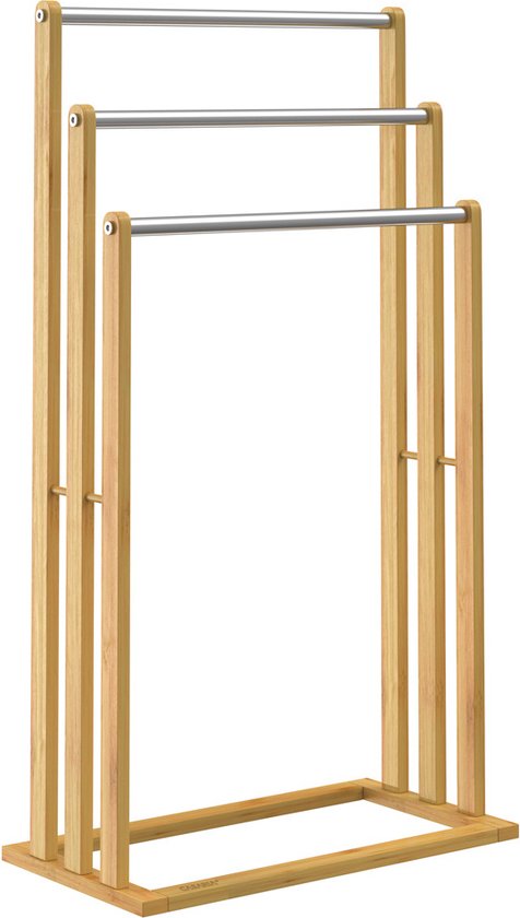 Casaria Handdoekhouder - staand - 3 stangen - bamboe - RVS, 46x24x84cm, bruin