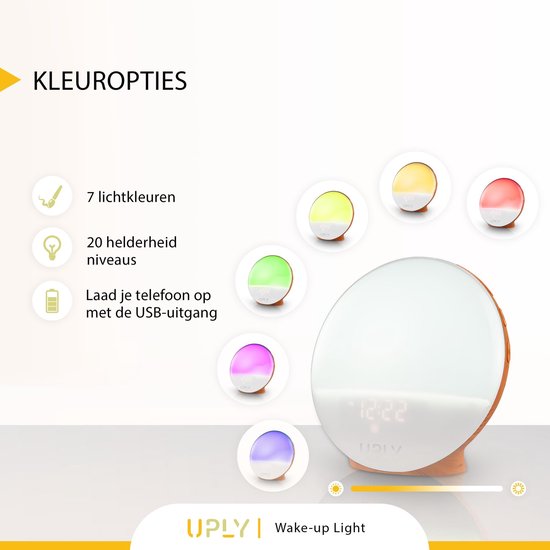 UPLY Wake Up Light - Smart Clock Met USB Oplaadpunt - Lichtwekker - Wekker Radio met 4 Alarmen - Google Home | Amazon Alexa