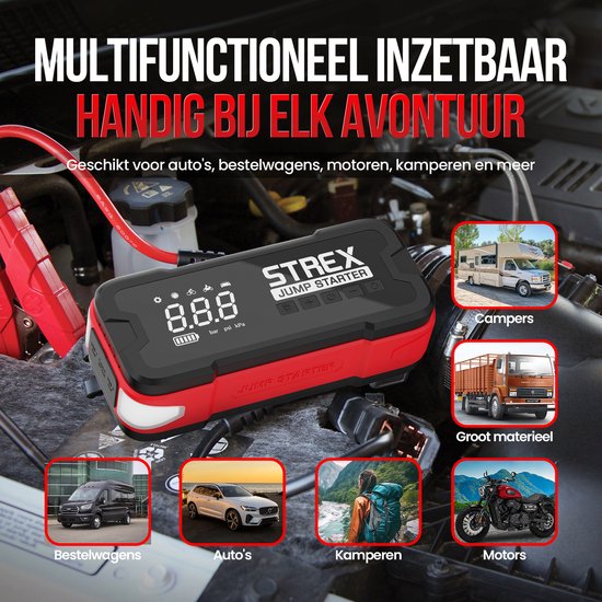 Strex - 12V Jumpstarter & Starthulp Met Compressor - 4000A - 24.000 mAh - 5-in-1 Functie Met Led-zaklamp & SOS - Inclusief Hardcover Tas - Kunststof - Zwart & Rood