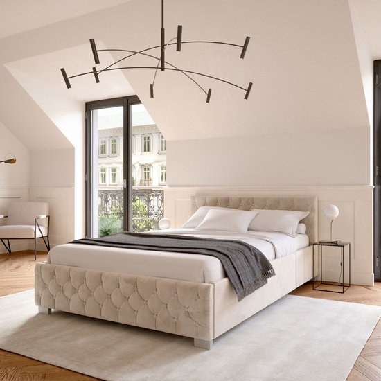Gestoffeerd Bed Nizza - 140 x 200 cm - Beige - LED Verlichting & Bedlade