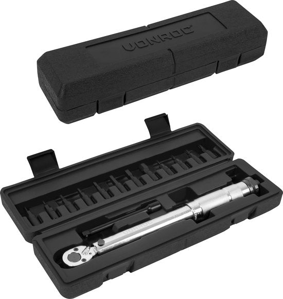 VONROC Momentsleutel ¼” - 265mm - 5-25Nm – Incl. 12-delige bitset (8 x Inbus, 4 x Torx) en 100mm verlengstuk - in stevige opbergkoffer