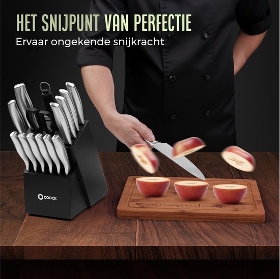 COOCK - Messenset met Blok en Vouwbare Snijplank - Keukenmessen met Schaar en Aanzetstaal (Messenslijper) - 17-Delige Keukengerei set in Messenblok – Met Krasbestendige Coating - Full RVS