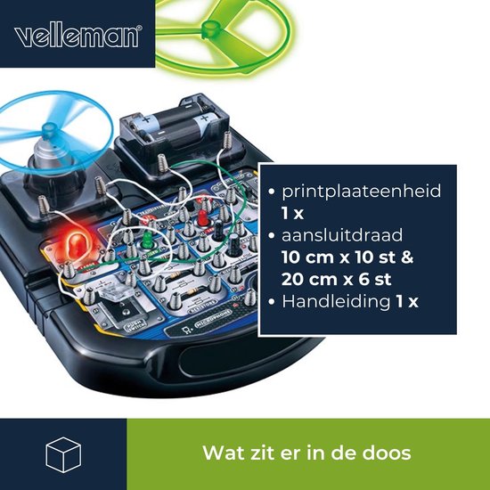 Velleman Elektronische projectenkit voor kinderen vanaf 8 jaar, verken de basisprincipes van elektronica met 18 spannende experimenten, leerzaam en interactief speelplezier, led, ventilator en geluid