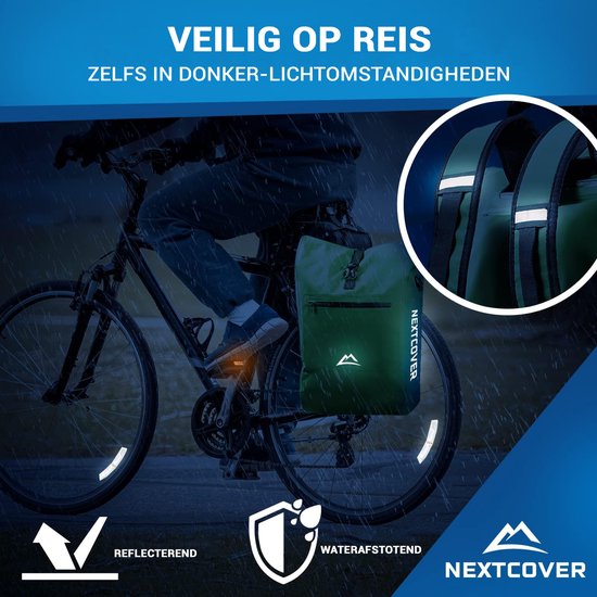 NEXTCOVER® NIEUW 3-in-1 fietstas voor bagagedrager [Aquashield] - Reflecterend bagagedragertas waterdicht - rugzak en schoudertas [25 liter]- Groente