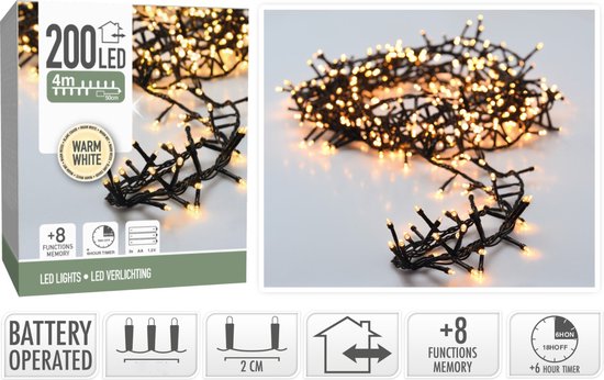 Micro Cluster 200 led - 4m - warm wit - Werkt op Batterij - 8 Lichtfuncties - Geheugen - Timer