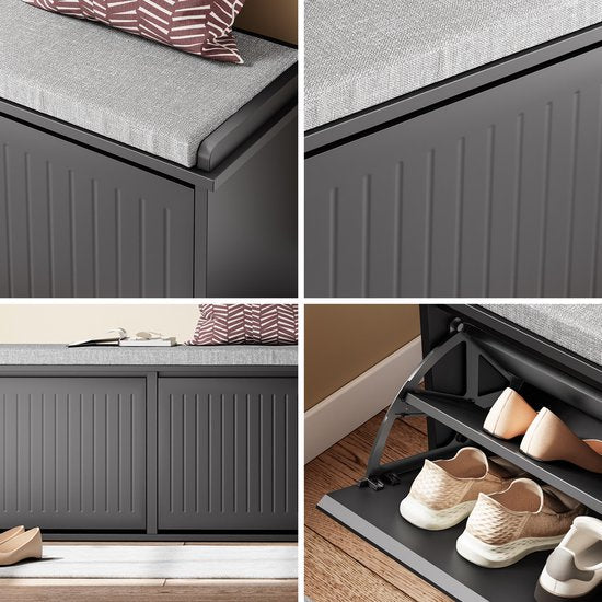 SoBuy Schoenenbank met Gevoerd Kussen - Schoenenkast met 2 Kleppen - Opbergkast voor schoenen - Zwart, 100x26x46 cm, FSR98-XL-SCH