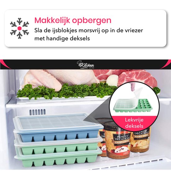 KitchenLove Siliconen IJsblokjesvorm met Deksel (2 Stuks) - 80 ijsblokjes - Vierkant - BPA Vrij - 100% Silicone - Groen & Blauw