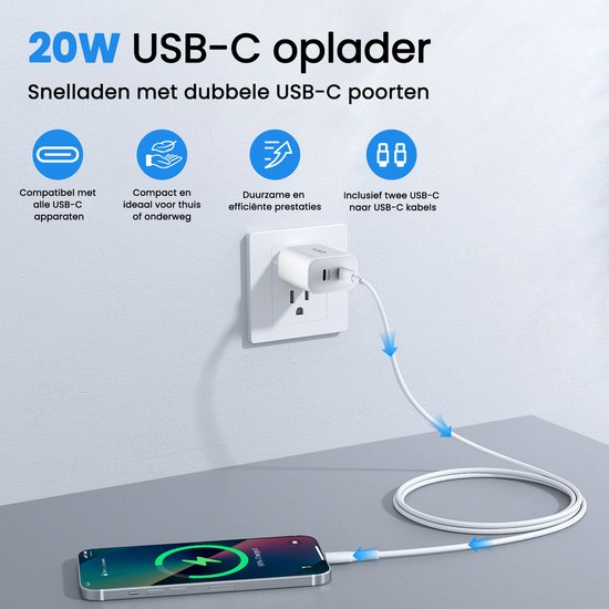 USB C Oplader - 40W - met 2x USB C naar USB C kabel - Snellader - 2 Oplaadpoorten - Wit - van Faas