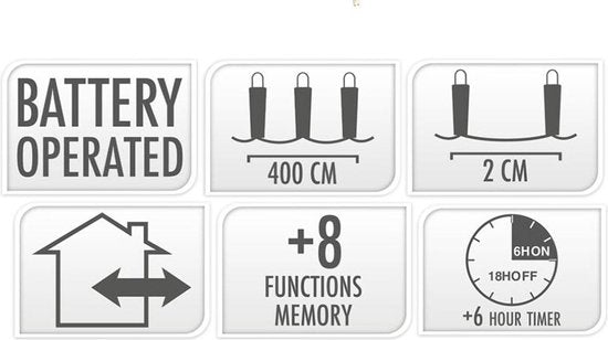 Micro Cluster 200 led - 4m - warm wit - Werkt op Batterij - 8 Lichtfuncties - Geheugen - Timer