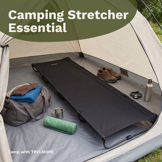 TRVLMORE Veldbed Opvouwbaar - 120KG Draagvermogen - Campingbed Incl. draagtas - Stretcher 1 Persoons - Stalen Frame - 193x66x15 cm - Zwart