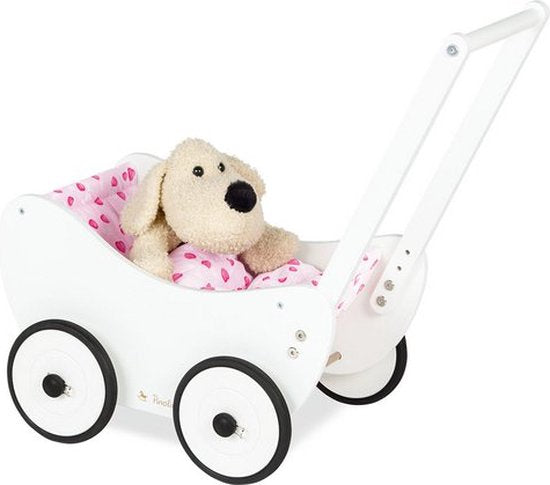 Pinolino Houten Poppenwagen "Trixi" - Schattige en Duurzame Wieg – Massief Beukenhout met Dekbed 'Hartjes' - wit