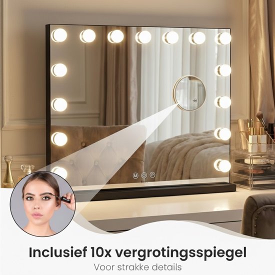 Bayt Hollywood Spiegel met verlichting - Make Up Spiegel met Verlichting - Spiegel Met Verlichting - Dimbaar - 10x Vergroting - 58x46cm - Zwart