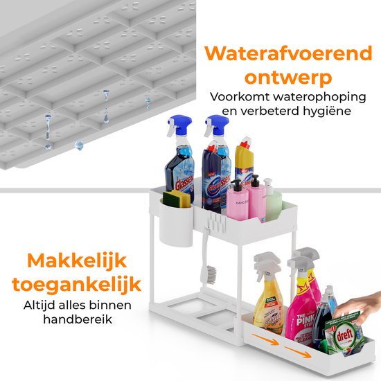 Posity Gootsteenkast Organizer - Keukenkastje Organizer - Schuiflade - Kast Organizer - Badkamer Organizer - Aanrecht Organiser - 2 Uitschuifbare Lades - Wit