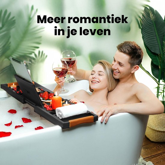 RelaxTub® Badplank - Badplank voor in Bad - Badrek - Verstelbaar - Anti Slip - Badplank Zwart - Badplank Hout - Badrekje inclusief Boekenhouder, Tablethouder & Spiegel