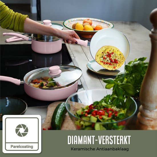 COOCK 19-Delige Pannenset - Speciale Anti-Aanbak Coating - Ergonomische Koudgrepen - Gerecycled Aluminium - koekenpannenset - kookpottenset - Lichtroze - Inclusief Onderzetters en E-book